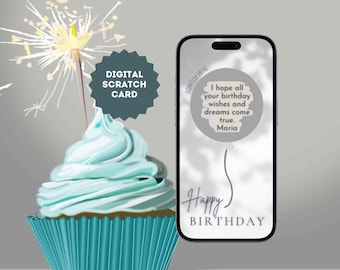 eCard Digital skraplott födelsedag med egen text, skraplott med grå ballong, skraplott för WhatsApp, etc.
