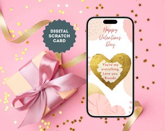 eCard Digital skraplott med anpassningsbart meddelande för Alla hjärtans dag med ett gyllene hjärta, kärlekskort som skraplott via WhatsApp
