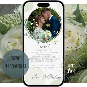 eCard Digitale Danksagungskarte zur Hochzeit Eukalyptus mit Foto Danke WhatsApp Karte
