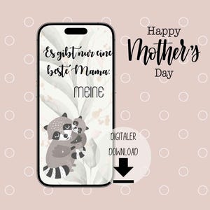 Carte de vœux numérique pour la fête des mères avec une jolie maman raton laveur à envoyer en ligne via WhatsApp, Email, Messenger