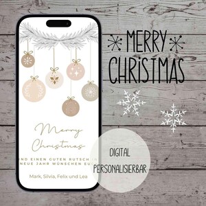 eCard Digital Christmas card in boho style in beige and white with Christmas tree balls for Whatsapp