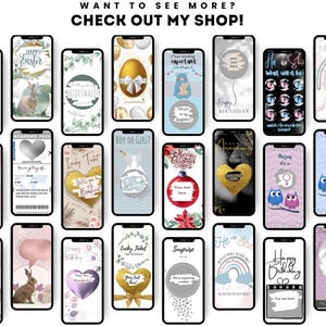May include: A collection of 20 digital phone backgrounds for various occasions, including birthdays, holidays, and special events. The backgrounds feature colorful designs, illustrations, and text, such as "Happy Birthday", "Surprise", and "He or She".