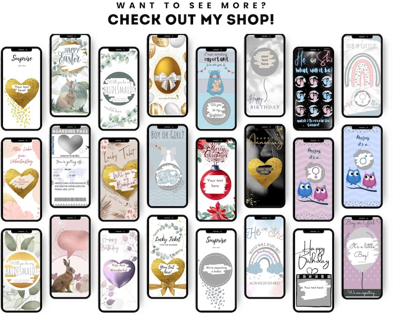 May include: A collection of 20 digital phone backgrounds for various occasions, including birthdays, holidays, and special events. The backgrounds feature colorful designs, illustrations, and text, such as "Happy Birthday", "Surprise", and "He or She".