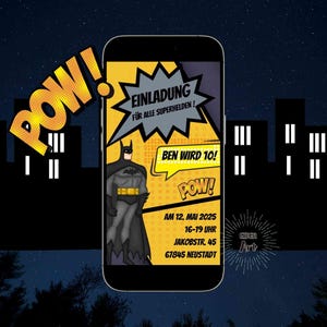 eCard Digital invitation for the superhero children&#39;s birthday party, invitation to the superhero party to send online via WhatsApp