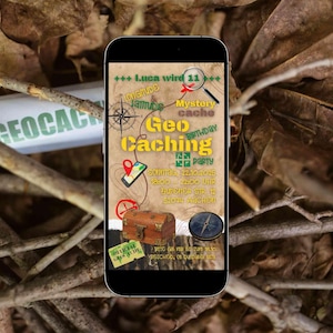 eCard Digitale Einladung zum Geocaching Kindergeburtstag als Schatzsuche zum online Versenden per WhatsApp