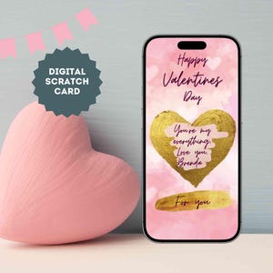 eCard Carte à gratter numérique avec texte personnalisable pour la Saint-Valentin, rose avec un cœur doré, carte d'amour comme carte à gratter via WhatsApp