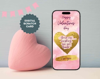 eCard Digital skraplott med anpassningsbart meddelande för alla hjärtans dag, rosa med guldhjärta, kärlekskort som skraplott via WhatsApp
