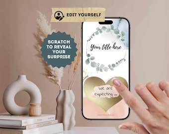 Può includere: Lo schermo di uno smartphone mostra un gratta e vinci digitale con un cuore dorato con il testo 'we are expecting...' e una corona floreale sopra. Lo schermo mostra anche il testo 'Your title here' e 'EDIT YOURSELF' nella parte superiore.