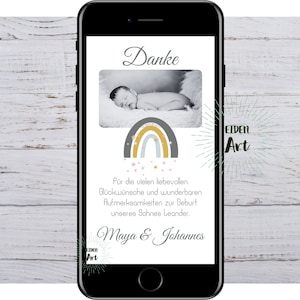 Carte de remerciement numérique eCard pour la naissance, arc-en-ciel, WhatsApp