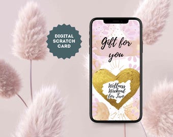 eCard Digital skraplott som presentkort med gyllene hjärta och anpassad text, skraplott för e-post, WhatsApp, etc.