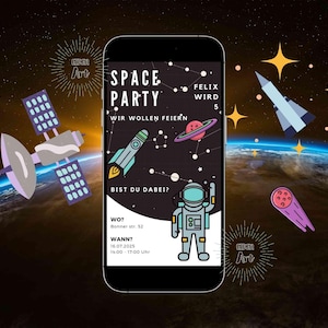 eCard Invitación digital a fiesta de cumpleaños infantil espacial, fiesta espacial de astronautas para enviar online por WhatsApp