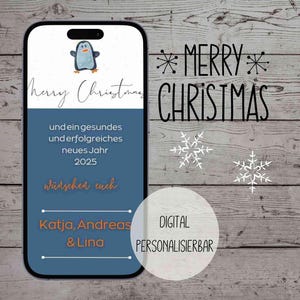 eCard Digital Christmas card as a personalizable greeting card to send online via WhatsApp with funny penguin