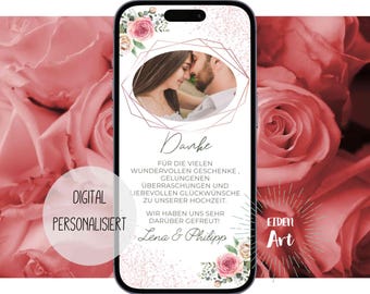 eCard Digital thank you card for wedding Boho roses with photo Thank you WhatsApp card