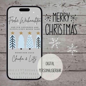 eCard Digital Christmas card in Scandi style in grey and blue with fir trees for Whatsapp