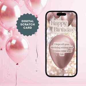 eCard Gratta e vinci digitale come regalo di compleanno con un palloncino color oro rosa e il testo desiderato come gratta e vinci online per WhatsApp, ecc.