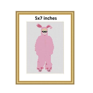 May include: A cross-stitch pattern in a gold frame featuring a figure wearing a pink bunny suit with black sunglasses. The text 5x7 inches is printed above the figure. The design is centered on a white grid background within the frame.