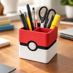 Könnte beinhalten: Ein roter, weißer und schwarzer Schreibtisch-Organizer in Form eines Poké Balls, gefüllt mit Stiften, Scheren und Textmarkern. Der Organizer hat zwei Fächer und ein weißes Knopfelement. Der Schreibtisch-Organizer steht auf einer Holzoberfläche.