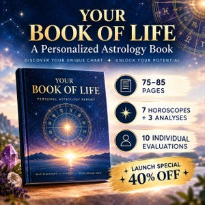 Könnte beinhalten: Ein gebundenes Buch mit dem Titel YOUR BOOK OF LIFE PERSONAL ASTROLOGY REPORT mit einem dunkelblauen Sternenhimmel- und Ozean-Cover. Das Buch zeigt eine goldene Tierkreisgrafik. Der Text enthält 75-85 Seiten, 7 Horoskope, 3 Analysen und 10 Bewertungen.