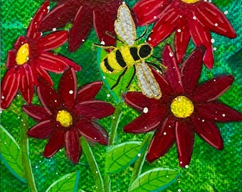 Comedero para colibríes, pintura original en técnica mixta