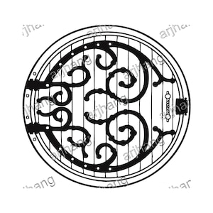 May include: A black and white illustration of a round door with intricate details. The door has a circular frame with a series of curved lines and swirls. There is a small handle on the right side of the door.