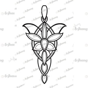 May include: A black and white line drawing of a stylized flower pendant with a loop at the top for hanging. The flower has a circular center with four petals and a decorative border.
