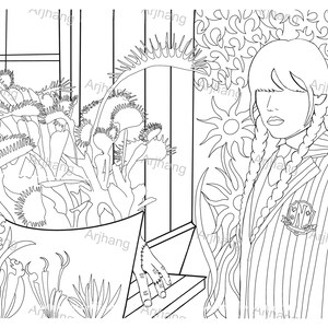 May include: Line art illustration of a person in a striped blazer with a school crest, standing near a Venus flytrap plant. The background features a floral design and a window.