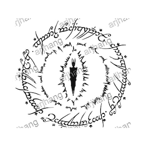 May include: Black graphic of the Eye of Sauron from The Lord of the Rings. The eye is in the center, surrounded by a ring of text in a stylized script. The image is on a white background.