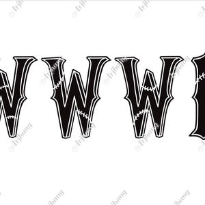 May include: The letters WWWD in a black and white sports-inspired font. Each letter features a white outline and a white baseball stitch pattern running diagonally across the black fill, creating a cohesive graphic design for sports apparel.