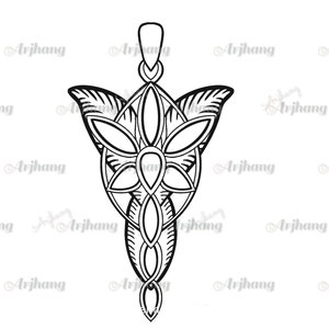 Könnte beinhalten: Eine Schwarzweiß-Zeichnung eines Anhängers mit einem floralen Design. Der Anhänger ist tropfenförmig und hat oben eine Öse zum Anbringen einer Kette.