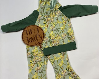 May Gibbs Gum Nut Baby Australian Wattle Blossom Sage Green Floral Matching Hoodie and Flare Pants