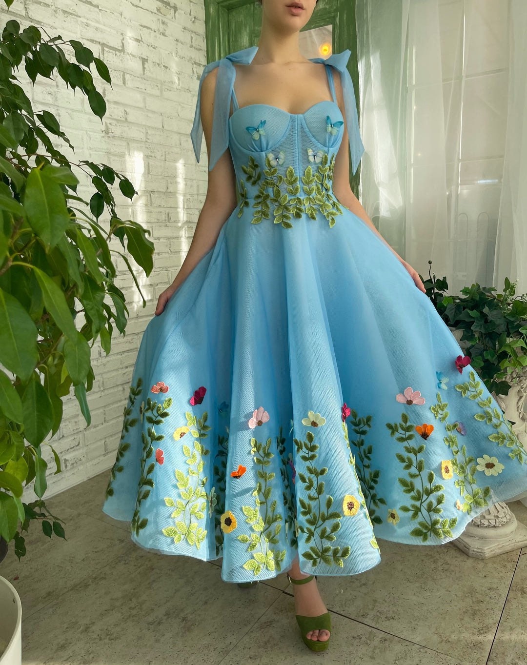 Light Blue Tea Length Ball Gown Floral Garden Prom Dress Boho - Etsy