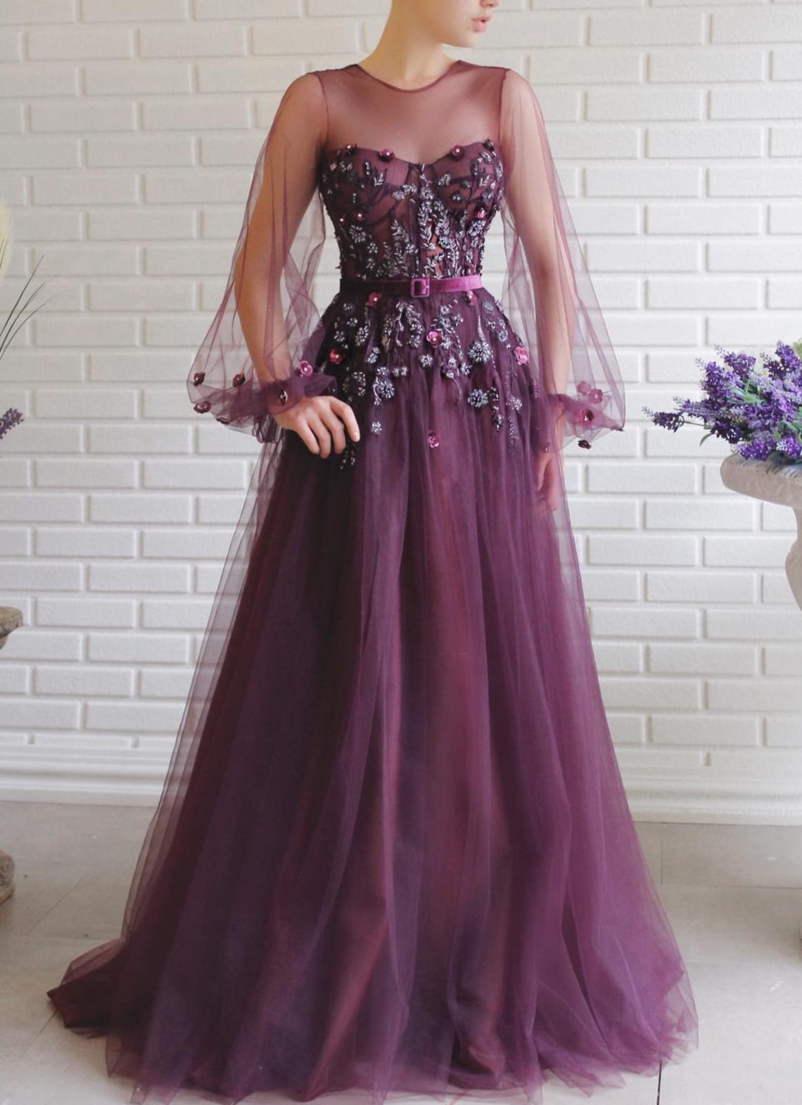 Magenta Plum Purple Grape Formal Dress Long Mesh Puff Sleeve image 2