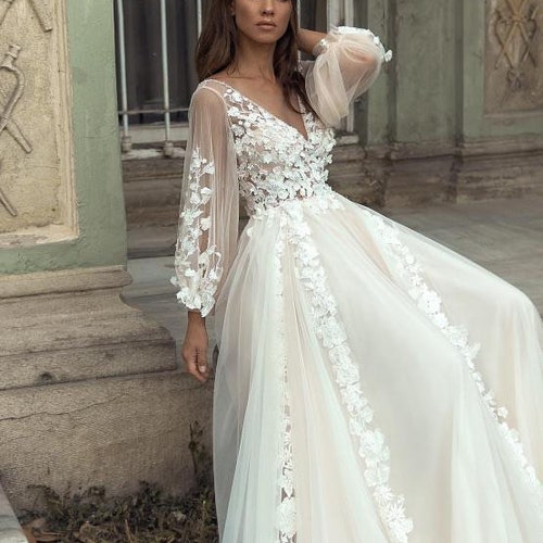 Simple Rustic Wedding Dress Long Sleeves Bridal Gown Boho - Etsy