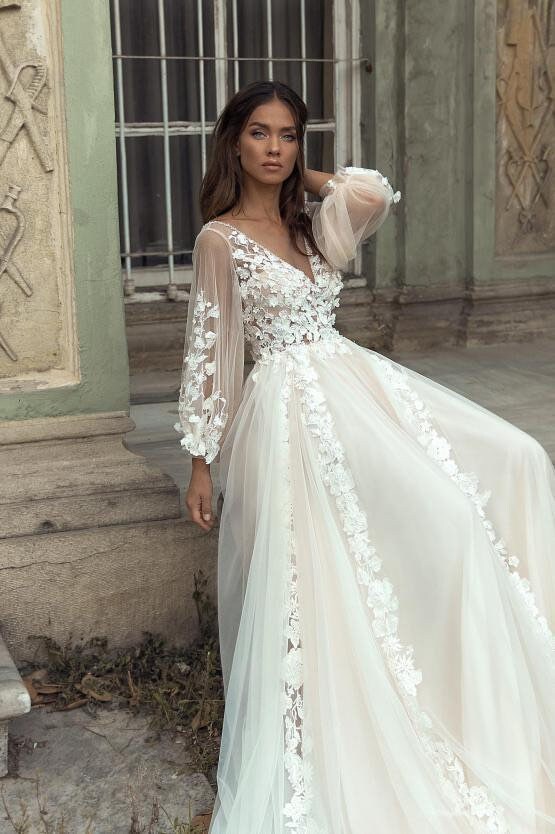 Long Puff Sleeves Wedding Dress Deep V Princess Fairytale - Etsy