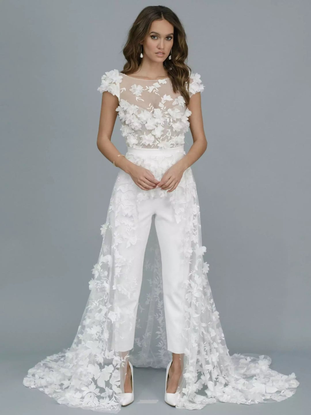 Custom Bridal Jumpsuit With Long Brush Sweep Train Wedding 3D - Etsy