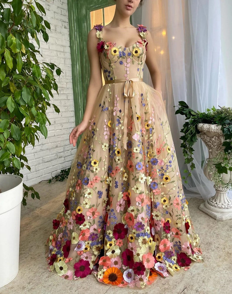Beige 3D Flowers Floor Length Formal Dress Colourful Floral Appliqué Tulle Fairycore A-Line Ball Gown Prom Dresses Cottagecore Whimsical 
