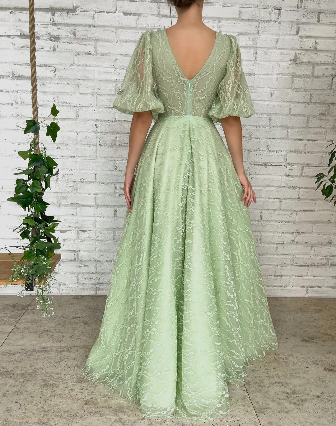 Sage Green Lace Ball Gown Deep-v Prom Dress Floor Length Half - Etsy