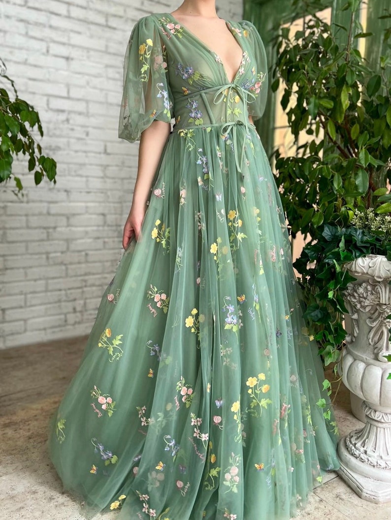 Sage Green French Chiffon Ball Gown Puff Lantern Sleeve Tulle - Etsy UK