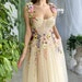 Pale Yellow Tea Length Formal Dress Mid Calf 3D Colourful Flower Embellished Tulle Sweetheart A-Line Ball Gown Prom Dresses Boho Robe