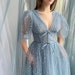 Blue Sparkling Tulle Puff Lantern Sleeve Tea Length Dress Fairycore Ball Gown Formal Robe A-Line Corset Bodice Deep-V Neck Pocketed Dresses