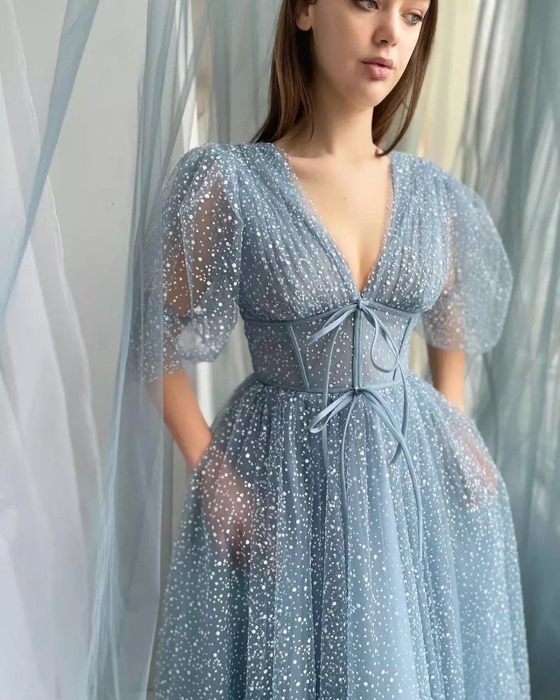 Blue Sparkling Tulle Puff Lantern Sleeve Tea Length Dress Fairycore Ball Gown Formal Robe A-Line Corset Bodice Deep-V Neck Pocketed Dresses 