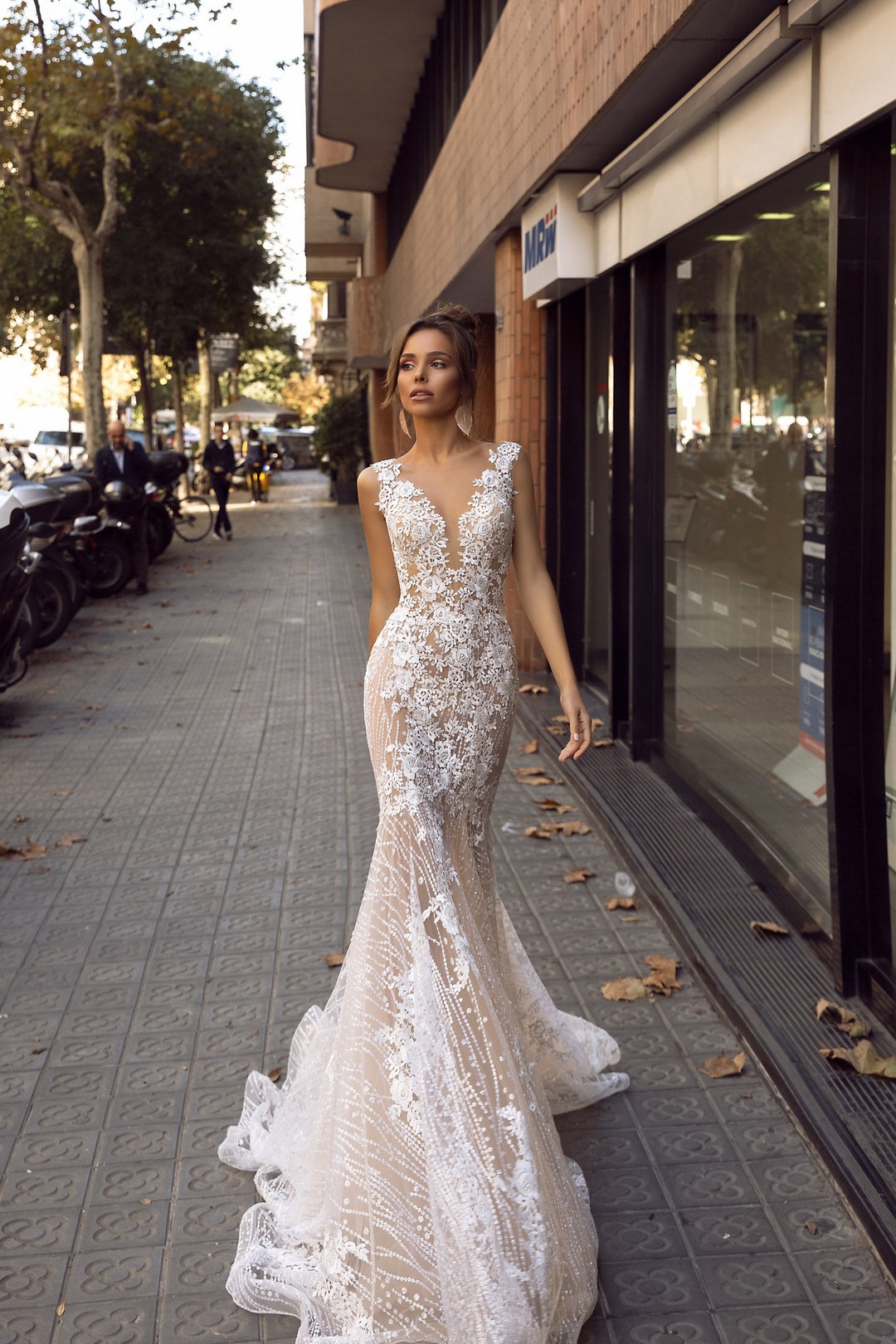 Floral Lace Applique Wedding Dress Tight Fit Mermaid Bridal - Etsy