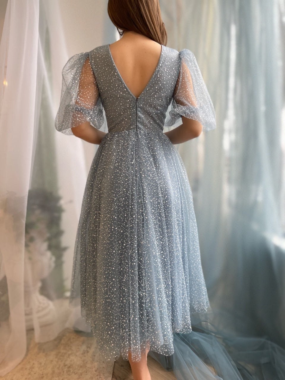 Blue Sparkling Tulle Puff Lantern Sleeve Tea Length Dress - Etsy UK