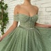 Sage Green Sparkling Tulle Off The Shoulder Tea Length Dress Fairycore Ball Gown Formal Robe A-Line Corset Bodice Sweetheart Neck Belt