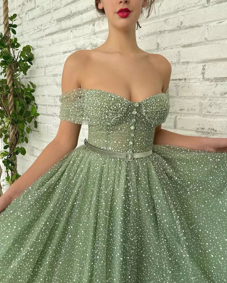 Sage Green Sparkling Tulle Off The Shoulder Tea Length Dress Fairycore Ball Gown Formal Robe A-Line Corset Bodice Sweetheart Neck Belt 