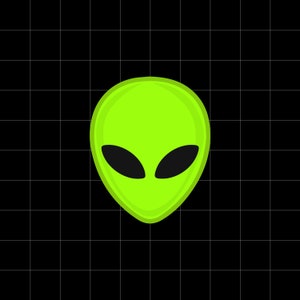 May include: A green alien head with black eyes on a black and white grid background.