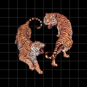 May include: Two orange and black striped tigers facing each other in a heart shape on a black and white grid background.