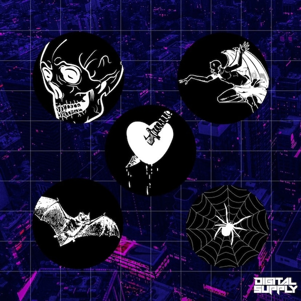 5 Goth Emo Punk Skull Heart Devil Bat Spider Web Instagram Highlight Covers Dark Aesthetic Social Media Icons PNG Digital Download