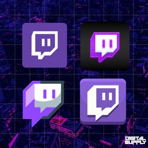 May include: Four different variations of the Twitch logo, a purple speech bubble with a white pause button inside, displayed on a grid against a dark purple and black background.