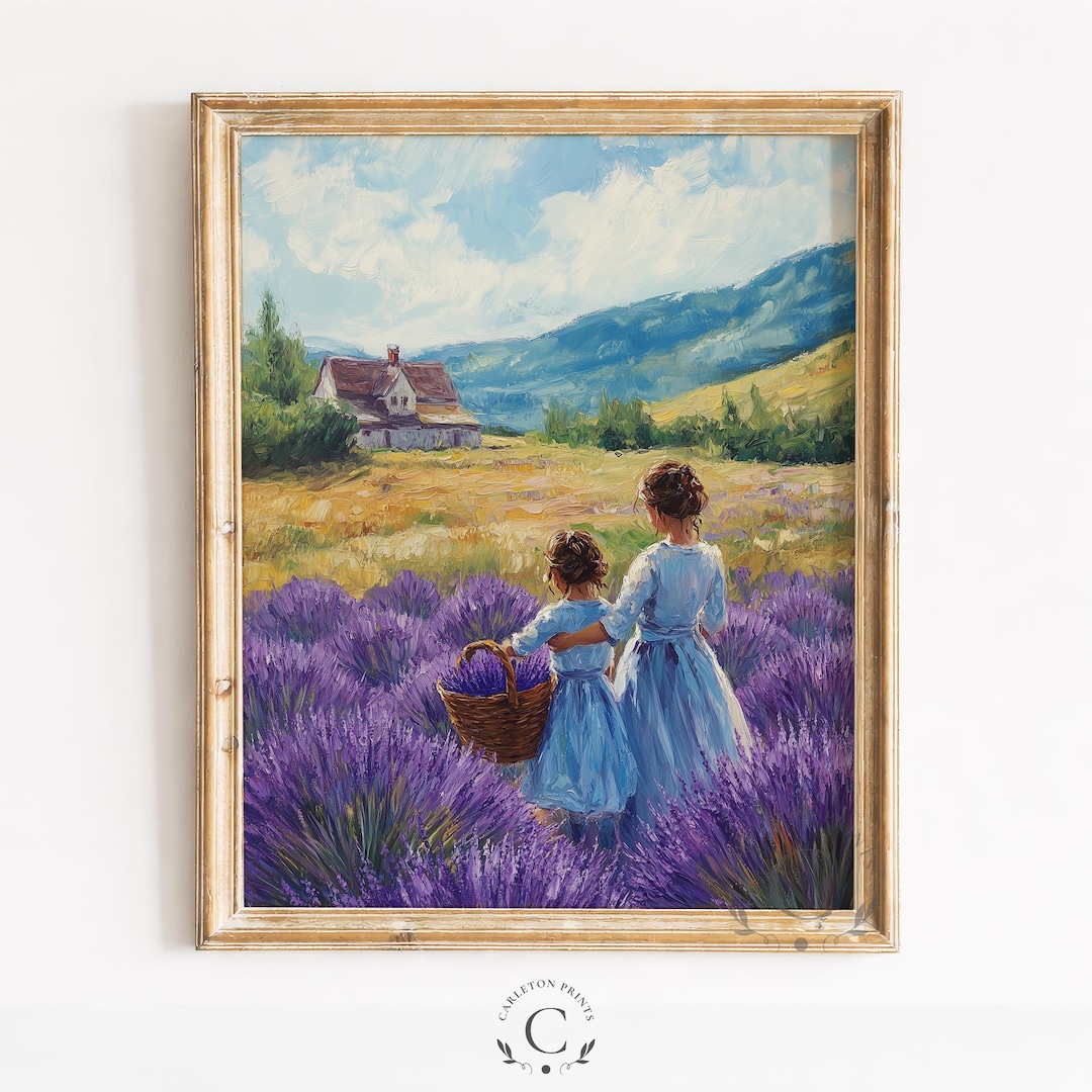 Girls in Lavender Field Art, Cottagecore Pastoral Landscape Print ...